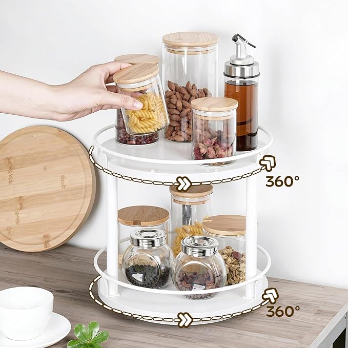 Lazy Susan Organizer, Rotating Spice Rack, 2 Tier Spice Turntable Organizer, Industrial Turntable Spice Holder, for Kitchen Countertop, Compact and Versatile, White SR22WW - Image 3