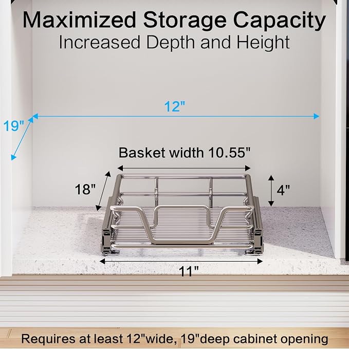 2-Tier Kitchen Cabinet Pull Out Shelf and Drawer Organizer Slide Out Pantry Storaqe Basket in Multiple Sizes (11" W x 18" D,1 Tier) - Image 3