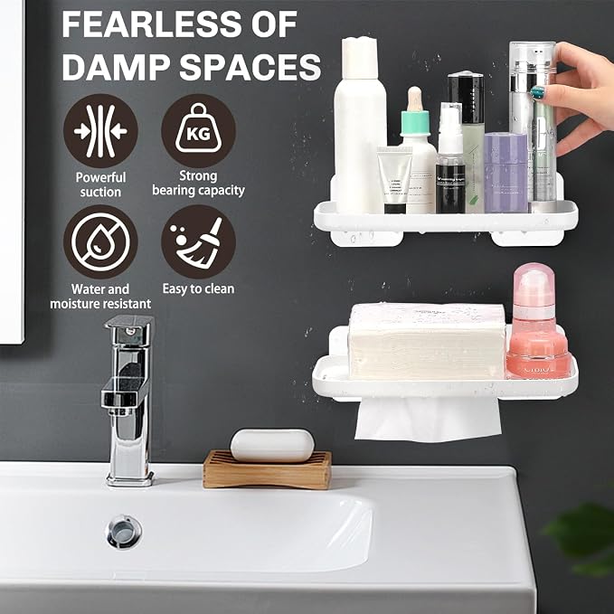 FAYYGYH 2 Pack Adhesive Floating Shelves, No Drill Small Floating Shelf | Wall Storage Damage-Free Wall Mounted Organizer for Bathroom, Kitchen, Bedroom & Office (White-4pcs) - Image 4
