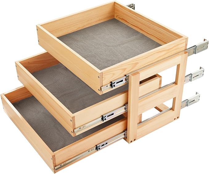 Pull Out Kitchen Drawer Cabinet organizer, 3 Tier 20"W*21"D*19"H,Soft Close Slide Out Wood Shelves Storage for Kitchen Heavy-Duty, Bottom Assembly (Cabniet Opening W>20.5'',D>21.5'',H>19.5'') by Yucorp
