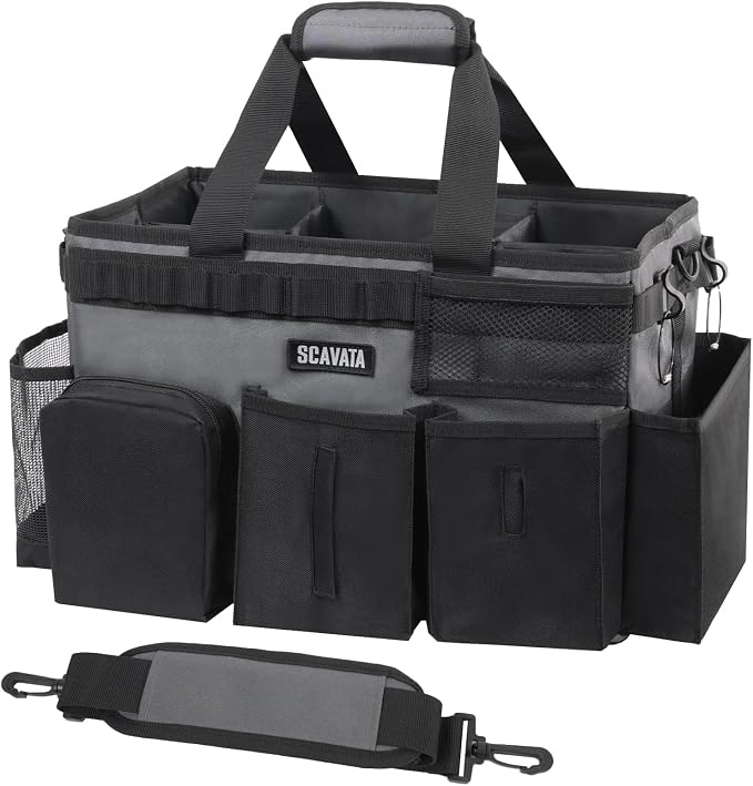 SCAVATA Wearable Cleaning Caddy Bag, Portable Cleaning Supplies Organizer | Cleaning Tool Storage with Handle & Shoulder Straps for Housekeepers, 4 Foldable Dividers, Home & Car Use, GraphiteGrey by Tidyyourlife