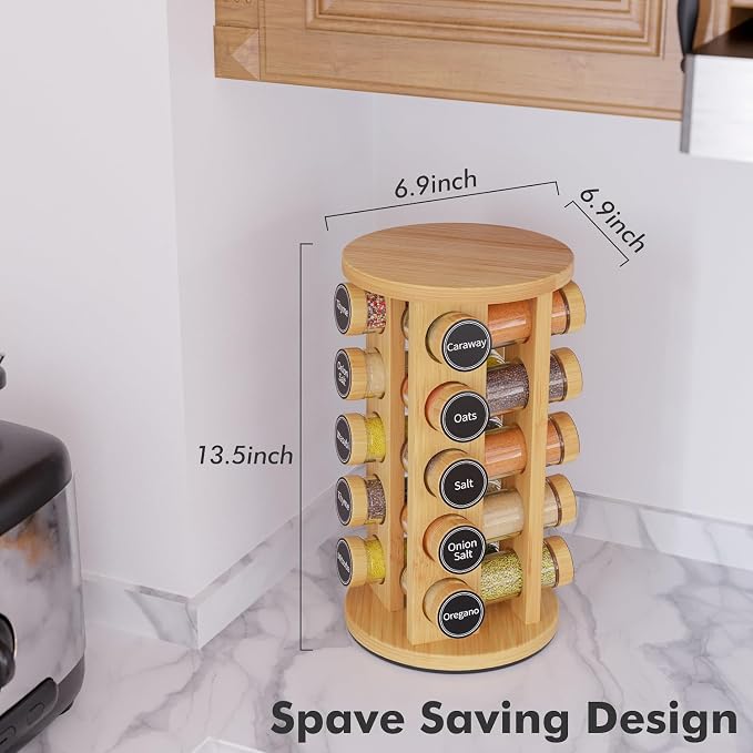 Revolving Spice Rack Set with 20 Spice Jars, Kitchen Spice Tower Organizer for Countertop or Cabinet - Carousel Storage Includes 386 Spice Labels (Bamboo) - Image 4