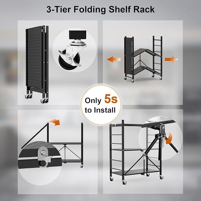 Himix 3 Tier Foldable Storage Shelf with Wheels 6 Hooks No Assembly Black | Metal collapsible organization, Folding shelves rack, Wire shelving, Unit rolling cart, Kitchen, Garage, Holds 792 Ibs - Image 5