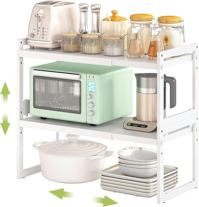 Expandable Cabinet Shelf Organizer, Stackable Kitchen Counter Shelf, White | Space Saving Metal Pantry Storage Racks for Kitchen Spice Rack Pans and Untensils Bathroom Office Organization, 2-Tier by DOLALIKE