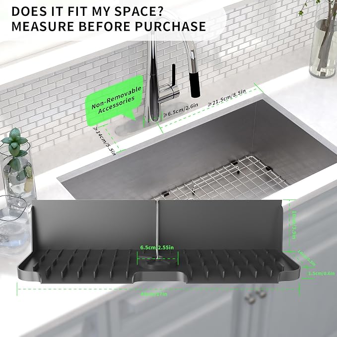 17” x 5.5” Silicone Faucet Handle Drip Catcher Tray Mat, Silicone Faucet Mat Dish Soap Sponge Holder for Kitchen Sink, Drying Mat for Kitchen Counter Bathroom Kitchen Sink Splash Guard - Black - Image 2