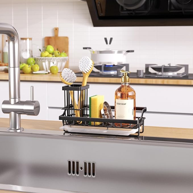 Consumest Sponge Holder for Kitchen Sink - Kitchen Sink Caddy Organizer with Removable Drip Tray for Countertop Dish Soap Dispenser Brush Storage Accessories 304 Stainless Steel - Black - Image 8