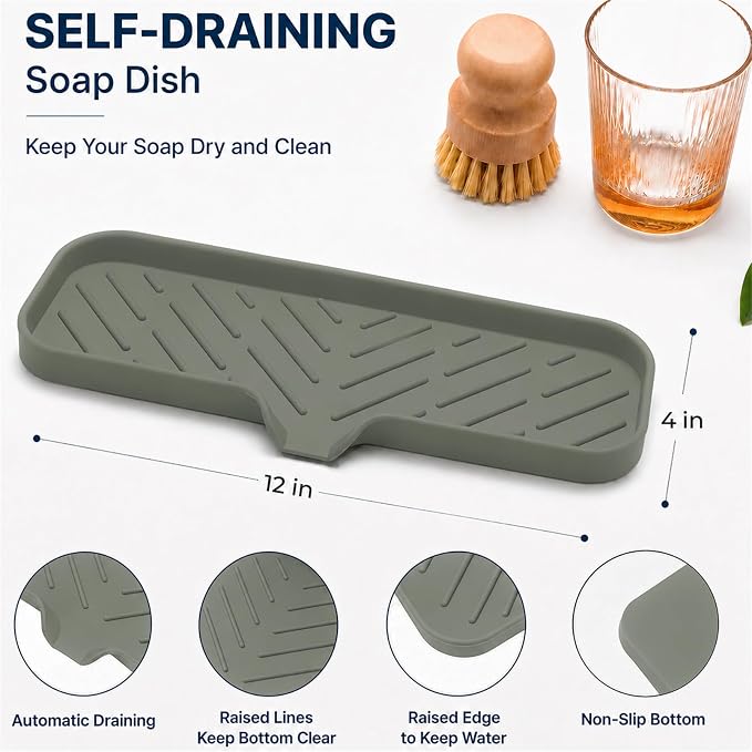 MicoYang Silicone Soap Dish with Drain Spout — Self-Draining Double Sink Organizer Tray for Kitchen & Bathroom, Dispensers, Sponges & Soap Holder, Non-Slip & Dishwasher Safe, Grey (Large, 12"×4") - Image 2