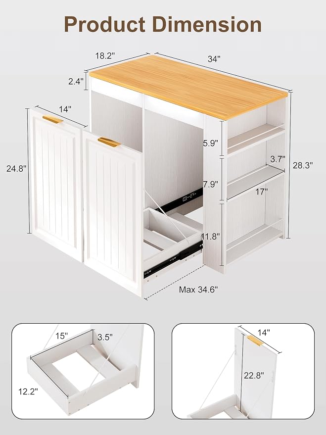 Double Pull Out Trash Can Cabinet 2x13 Gallon, Side Storage Rack, White | Pet Proof, Freestanding Kitchen Cabinet, Garbage Recycling, Laundry Hamper, Modern Farmhouse Waste Bin Furniture - Image 2