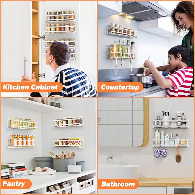 Bunoxea Spice Rack Wall Mounted 4 Pack, White,11.41x2.75x2.75in | 4 Removalble Hooks,Screw or Adhesive Hanging,Space-Saving,For Kitchen Cabinet, Pantry Door,Stove,RV - Image 6
