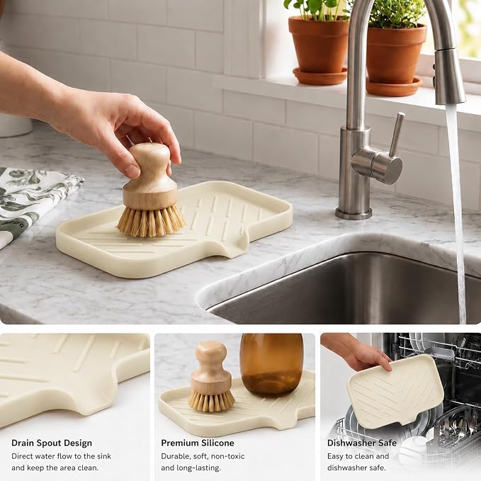 MicoYang Silicone Soap Dish with Drain Spout — Self-Draining Sink Organizer Tray for Bathroom & Kitchen, Sponges, Dispensers & Soap Holder, Non-Slip & Dishwasher Safe, Tapioca (Medium, 9.6"×5.3") - Image 4
