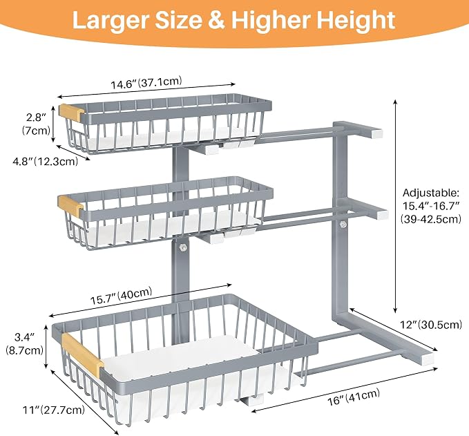 PXRACK Under Sink Organizer, 2-Pack 3-Tier Height Adjustable Thickened Metal Pull out Cabinet Organizer Shelf, Slide out Storage Drawer Rack for Bathroom Kitchen Pantry Home Organization, Grey - Image 8
