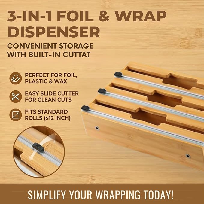 9 in 1 Storage Bag Organizer for Kitchen Drawer, Bamboo Foil and Plastic Wrap with Cutter, Ziplock Bag Organizer for Quart, Gallon, Sandwich & Snack Bags - Aluminum Foil Organizer - Image 5