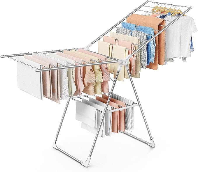Sakugi Clothes Drying Rack, 69.5" Adjustable Wings, Foldable Design | Laundry Room, Bedroom, Outdoor & Indoor Use, Height Adjustable, Collapsible, Silver White, 69.5" L × 22.8" W by Sakugi
