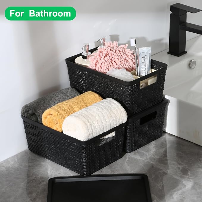 6 Pack Plastic Storage Baskets with Lid,Black Stackable Bins | Durable Woven Plastic With handle Breathable,Save space ,For Organizing Desktops, Closets, Playrooms, Classrooms, Offices - Image 6