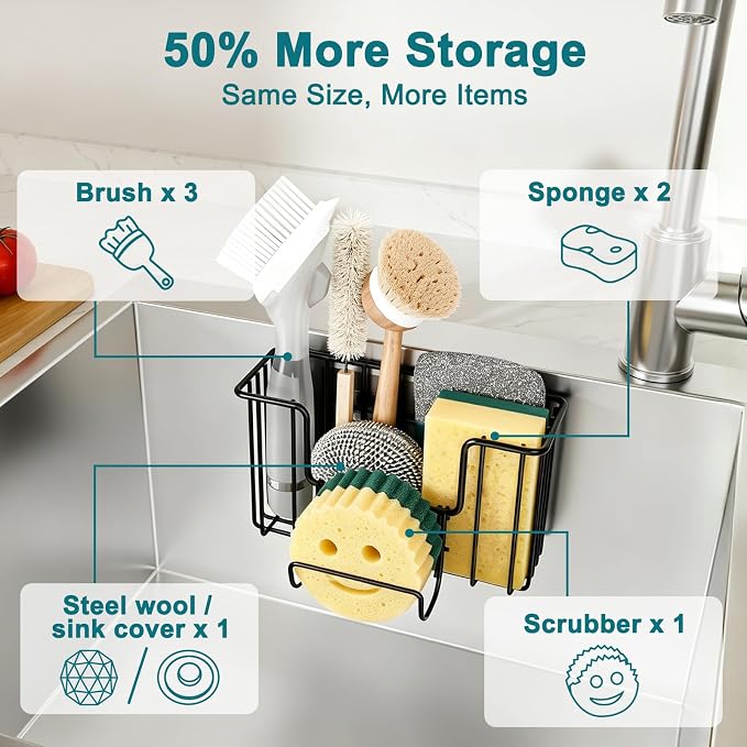Fikoksol Sponge Holder for Kitchen Inside Sink Hanging with Adhesive Hook | Multifunctional Kitchen Sponge Caddy for Brush Storage, Metal Deep Non-Rust Kitchen Sponge Organizer Rack In Sink Accessory - Image 3
