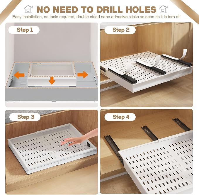 Seinloes Pull Out Cabinet Organizer, 4-Side Expandable to Fit Most Cabinets, 3 Rail Slide Out Drawers with Raising Pad for Framed & Frameless Cabinets, 15"-25" W x 17"-24" D, White, 4 Pack - Image 7