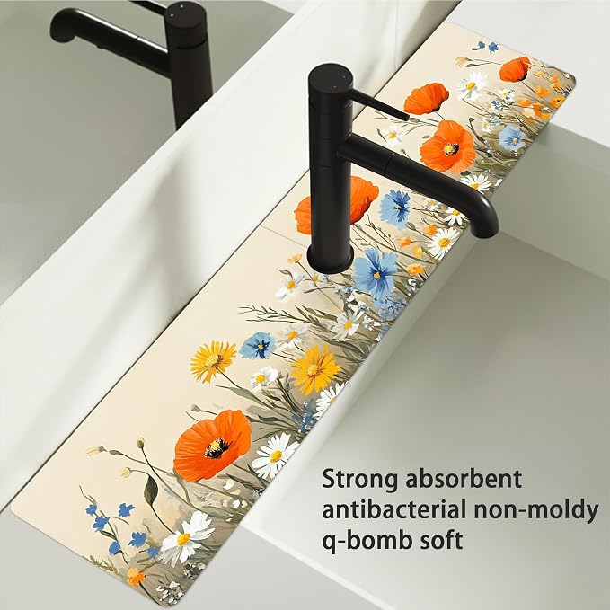Bimkole 2 PCS Faucet Absorbent Mat, Kitchen Faucet Sink Splash Guard Wraparound Cloth Pads Drip Catcher for Sink Faucet for Kitchen Bathroom Faucet, Colorful Faucet Mat, 15 x 4 Inch Flower A5 - Image 6