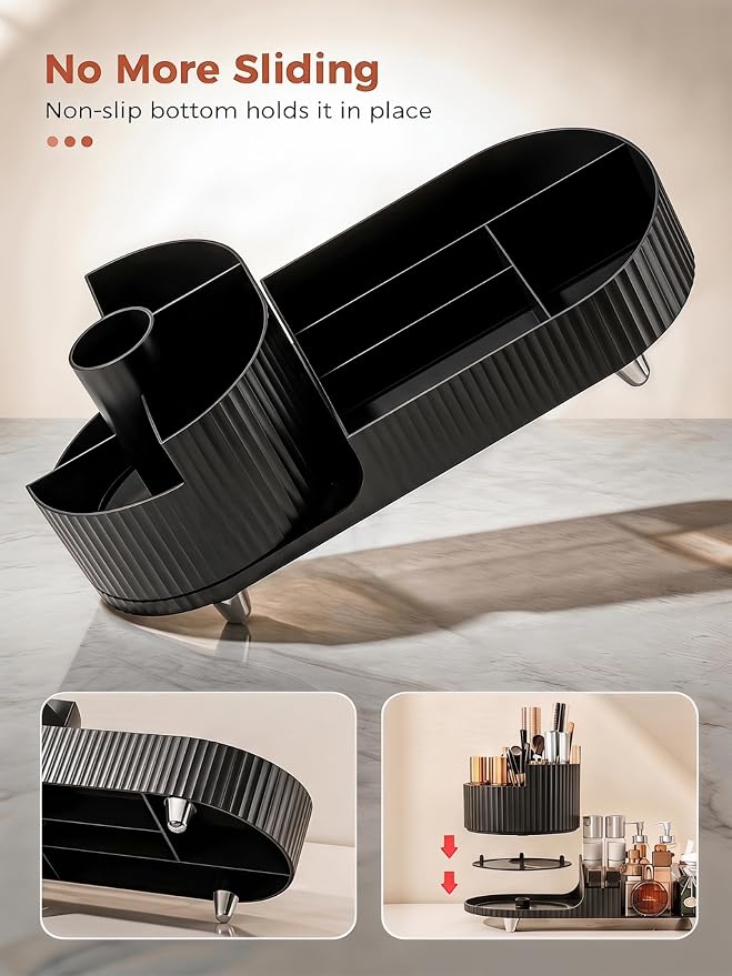 Booklov Rotating Makeup Organizer for Vanity Countertop, Black | Plastic Cosmetic Display Case, Large Beauty Brush Holder for Bathroom Counter, Skin Care Perfumes Storage - Image 3