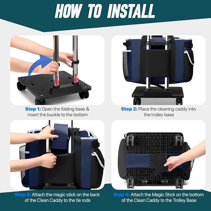 Large Rolling Cleaning Caddy Bag with Detachable Trolley, Full Support Plates for Professional Cleaning Supplies Bag, Organizer Bag with 4 Universal Wheels for Housekeepers, Car Wash (Blue) - Image 3