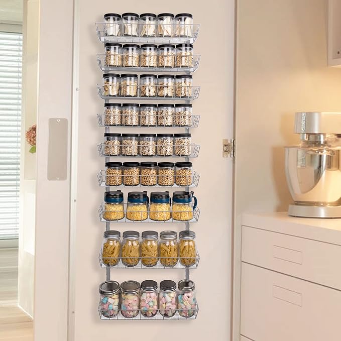 SWOMMOLY Wall Mount Spice Rack Organizer, 9-Tier Adjustable Dual-Use Shelf | Hanging Spice Rack Organizer, Kitchen Pantry Cabinet Storage Holder for Spices, Mason Jars, Bottles & Cans, Silver - Image 5