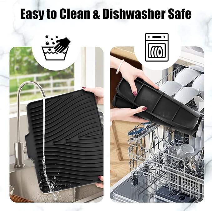 TIKNIK Silicone Dish Drying Mat for Kitchen Counter, Black-2pcs, 16" x 12" | Heat Resistant & Non-Slip Dish Drain Pad with Built-In Drain, Dishwasher Safe, Quick-Dry, Hangable & Roll-Up for Storage - Image 4