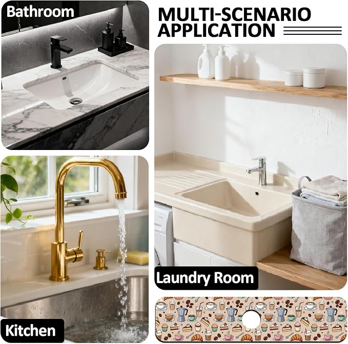 2 Pcs Kitchen Sink Splash Guard Faucet Mat Various Drinks Pattern Faucet Mat for Sinks coffee Graffiti Absorbing Drying Mats for Kitchen Bathroom, 23.6x5.5inch - Image 7