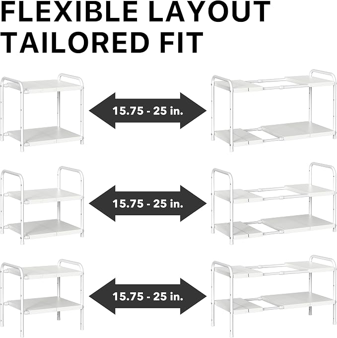 Simple Houseware Under Sink 2-Tier Heavy Duty Expandable Organizer, White | Adjustable Width 15.75–25 Inches with 4 Shelf Height Levels - Image 5