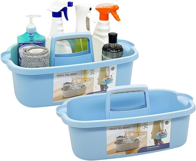 Goderewild 2 Pack Multi-Purpose Plastic Cleaning Caddy with Handle, Shower Caddy Organizer/Storage Basket/Totes Portable for Bathroom Supplies, Cleaning Products, Under Sink Tool, Housekeepers (Blue2) by Goderewild
