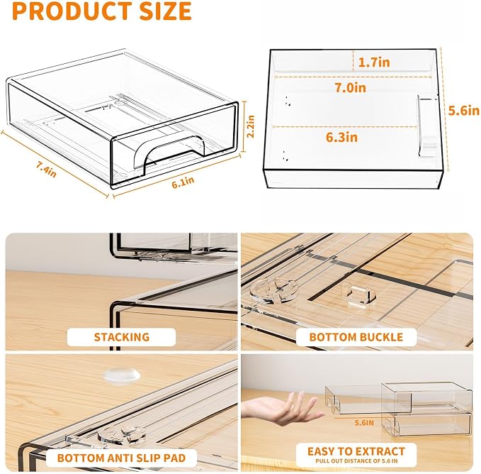 8 Pack Small Clear Stackable Storage Drawers,2.2'' Tall Desk Organization and Storage,Plastic Office Supply Organizer,Acrylic Storage Containers for Makeup,Hair Clip,Accessory,Pen,Art Crafts - Image 3