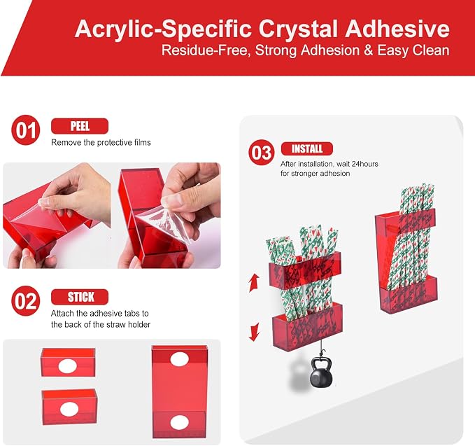 2 PACK Small Acrylic Straw Holder for Cabinet Doors，Straw Organizer Storage with Most Sizes，Multi-Function Kitchen Accessories Container with Adhesive Round Pads(RED) - Image 6