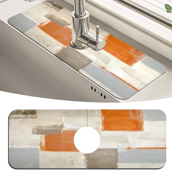 MCALK Orange Kitchen Sink Faucet Mat Splash Guard, Absorbent Quick-Dry Kitchen Sink Mat - Ideal for Splash Guard & Drip Catching with Abstract Art Decor( 1pc 15"x5.5") by MCALK