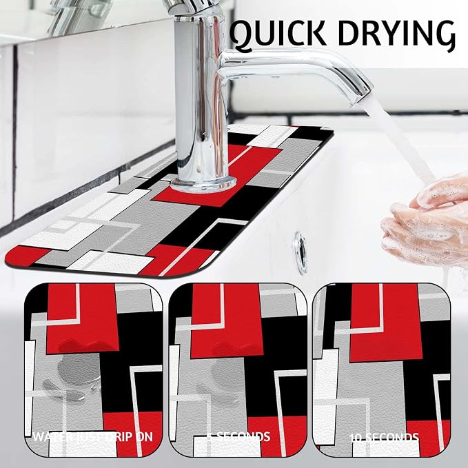 MCALK Geometric Red Kitchen Sink Faucet Mat Splash Guard, Absorbent Quick-Dry Kitchen Sink Mat - Ideal for Splash Guard & Drip Catching with Modern Art Decor( 1pc 15"x5.5") - Image 2