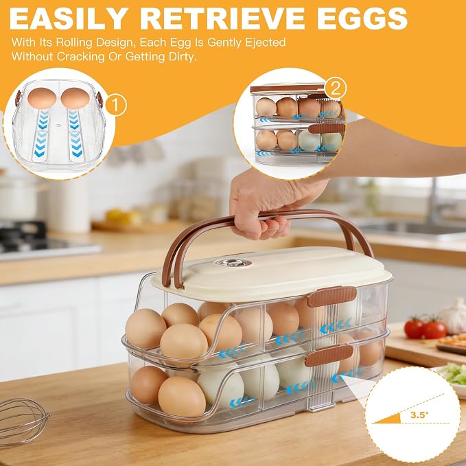 Egg Holder For Fridge, Egg Container for Refrigerator,Double Column | With Lid And Handle, BPA-Free Detachable Tray, Timer Tracker, Automatic Rolling for Kitchen, Outdoor - Image 3