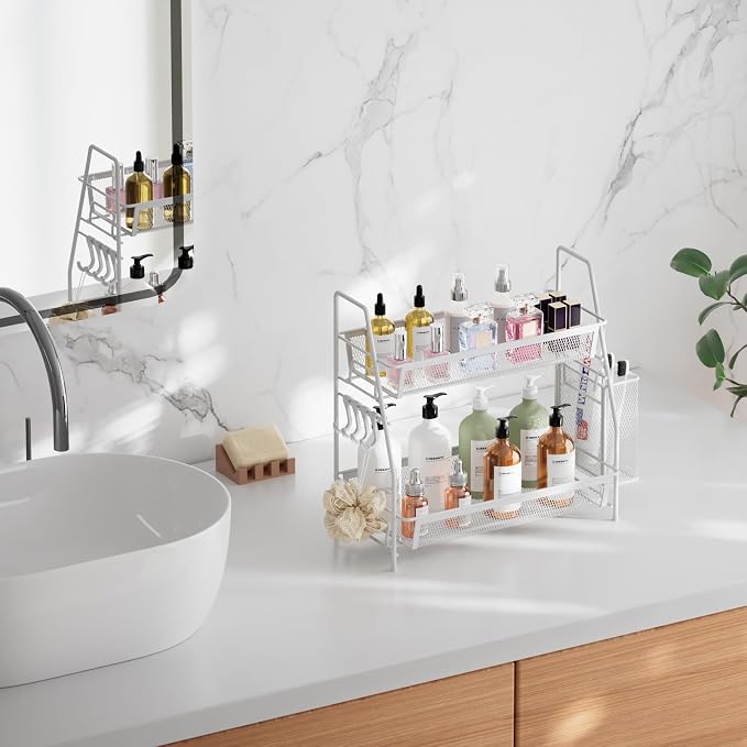 2 Tier Bathroom Countertop Organizer, Vanity Storage Shelf, Small, White | Bathroom Counter Organizer, Vanity Makeup Tray Shelf, Kitchen Spice Rack, Metal Wire Mesh, with Basket Hooks - Image 3