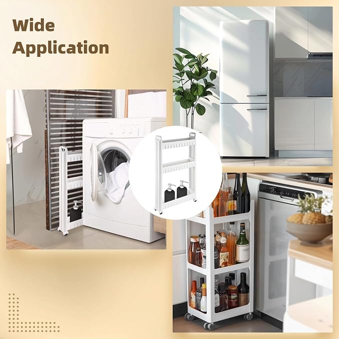 3 Tiers Slim Rolling Storage Cart, 3.5 Inches Slim Slide Out Bathroom Organizer Cart, Tiered Storage Rack with Wheels, Narrow Mobile Utility Cart for Laundry Room, Kitchen, Office, Sturdy Room - Image 5
