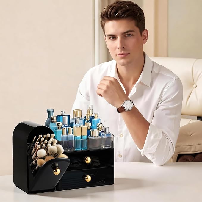 HBlife Makeup Organizer Countertop with Drawers, Cologne Organizer for Men, Vanity Organizers with Brush Holder, Bathroom Countertop Organizer Skin Care Storage, Gift for Dad Husband, Black and Gold - Image 6