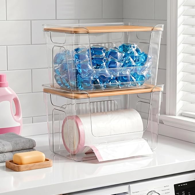 CANTAMI Plastic Trash Bag Dispenser with Lids, Stackable, 2Pack, 2XL | Clear Trash Bag Organizer for Kitchen, Laundry Room, Under Sink Organization and Storage - Image 8