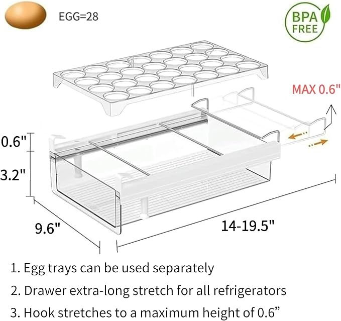 Fridge 28 Egg Drawer Pull Out,Clear Egg Holder Tray for Refrigerator With Handle, Refrigerator Organizer Bins Heavy Duty-L With Egg Tray - Image 4
