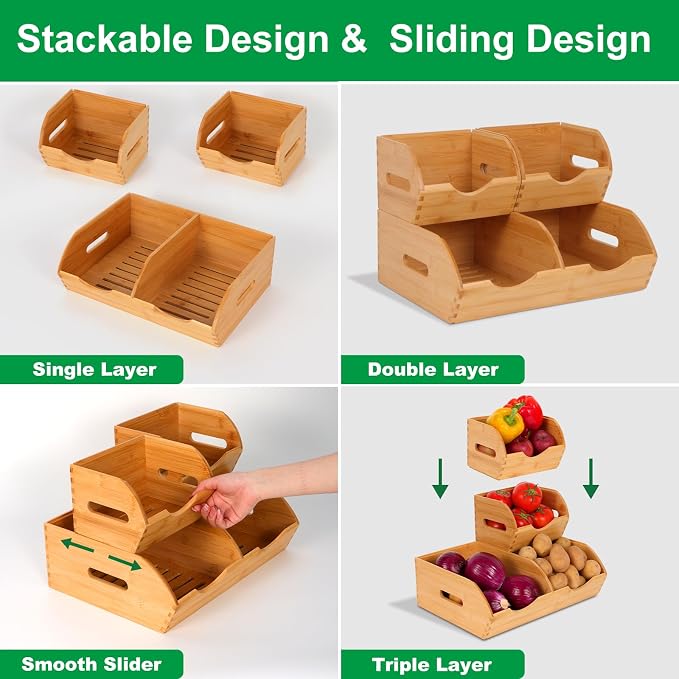Bamboo Pantry Storage Bins,Fruits and Vegetables Basket | Stackable Potato & Onion Storage Bin for Kitchen Countertop,Multiuse - Set of 3 Pack - Image 5