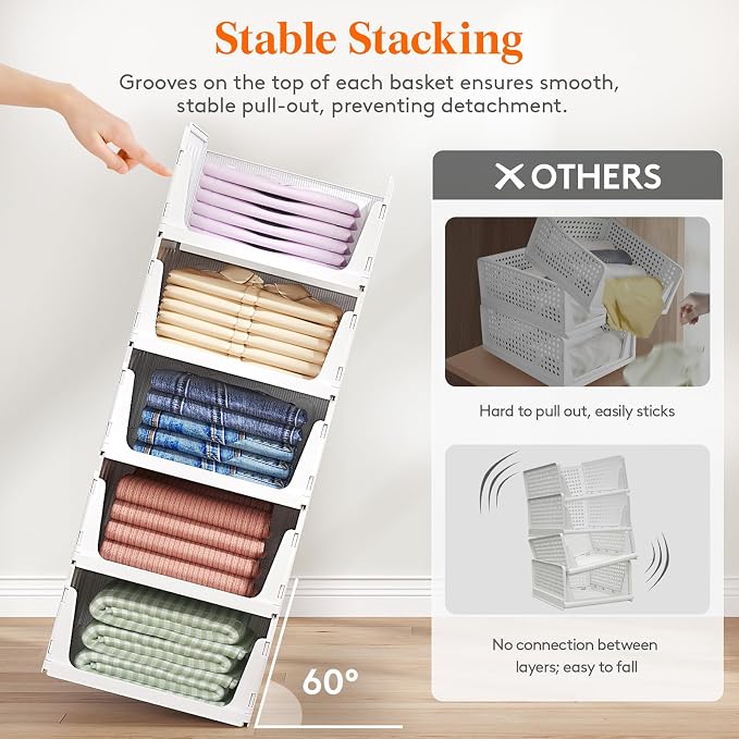 Lifewit Stacking Closet Organizers Shelf for Clothes 6 Pack 14" Depth | open front basket, top shelf storage bins, store clothing sweater jeans, for Pantry, Kitchen, Dorm - Image 3