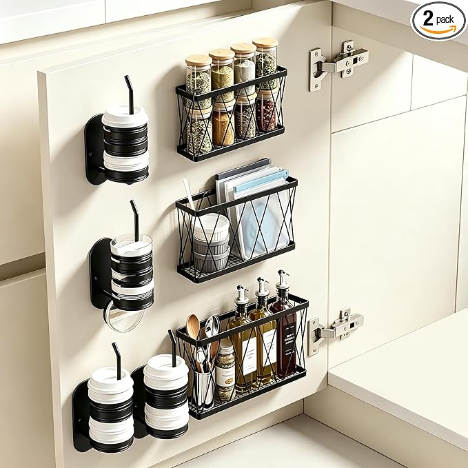 7 Pack Adhesive Multi Size Pantry Door Organizer,3 Cabinet Door Organizer + 4 Cup Lid Holders,Lid Organizers Inside Cabinet Food Container and Storage Cup Lids Holder Kitchen Cabinet Storage by Unknown