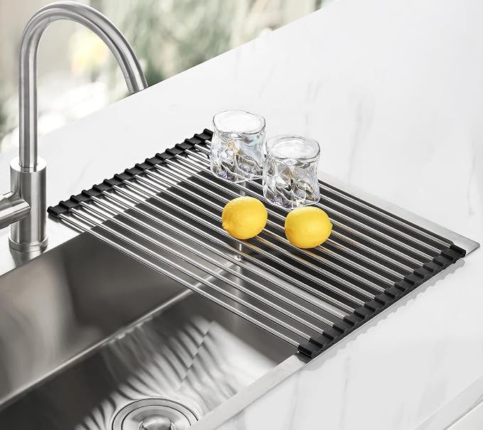 Tomorotec Roll Up Dish Drying Rack Over Sink, 304 Steel, 17.7x12.5, Black | Anti-Slip Silicone Rims For Grip, Heat-Resistant Trivet Mat Holding Heavy Cookware, Rustproof Kitchen Counter Space Saver - Image 8