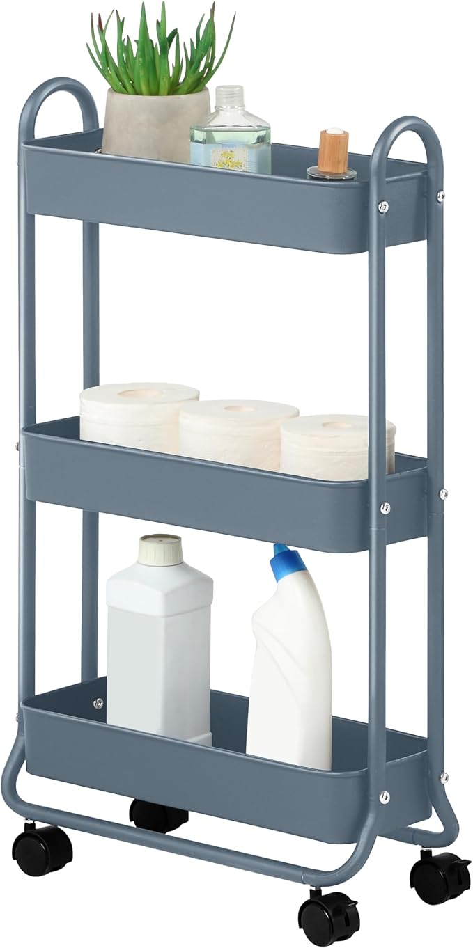 SunnyPoint Slim Rolling Storage Cart, 3 Tier Bathroom Storage Organizer Bathroom, Laundry Utility Cart (Blue) by SunnyPoint