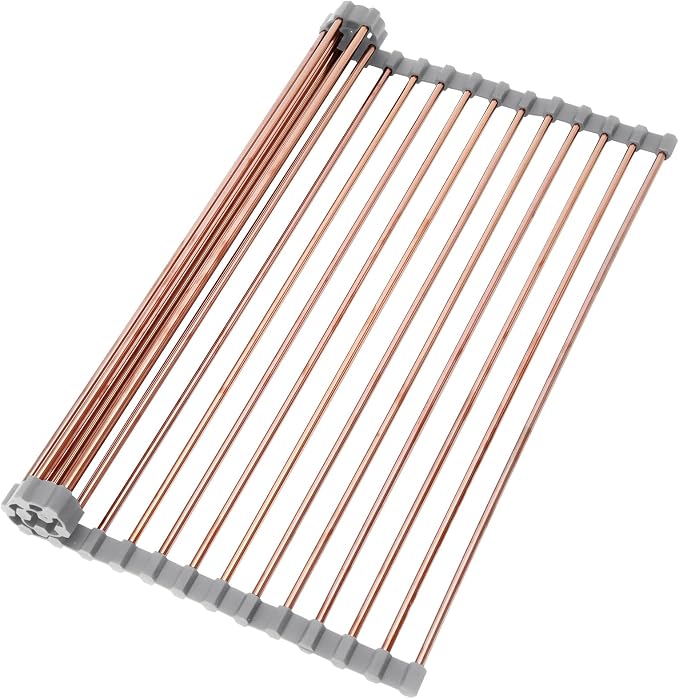 15.74" x 17"Large Roll Up Dish Drying Rack Over The Sink Dish Drying Rack,Stainless Steel Multipurpose Foldable Dish Drying Rack with Anti-Slip Silicone for Kitchen Counter Drainer,Rose Gold by blueden