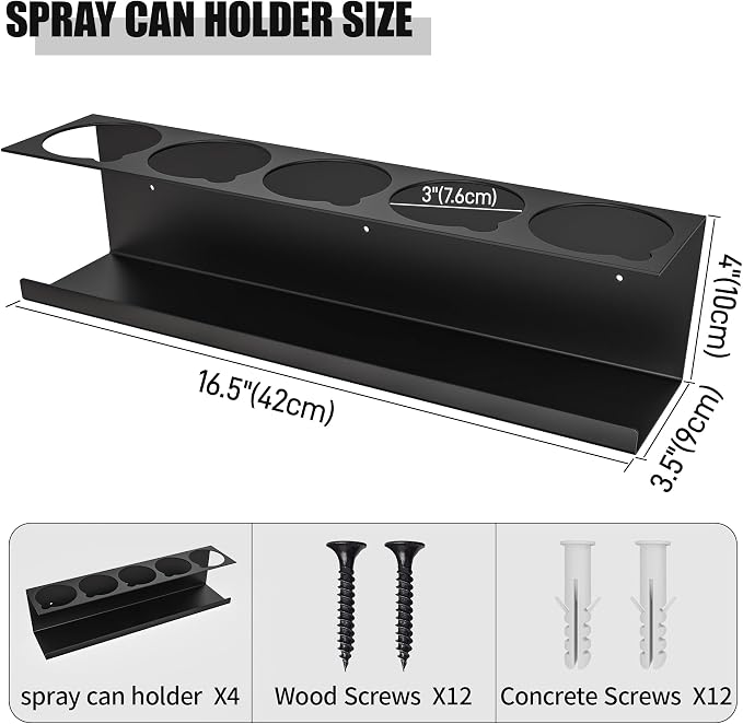 Riciakik 4 Pack Wall-Mounted Spray Bottle Holder, Aerosol Spray Can Holder Storage Rack, Heavy-Duty Paint Bottle Organizer With 20 Holes, Steel Black Spray Rack for Garage, Shop, Home or Tool Trailer - Image 2