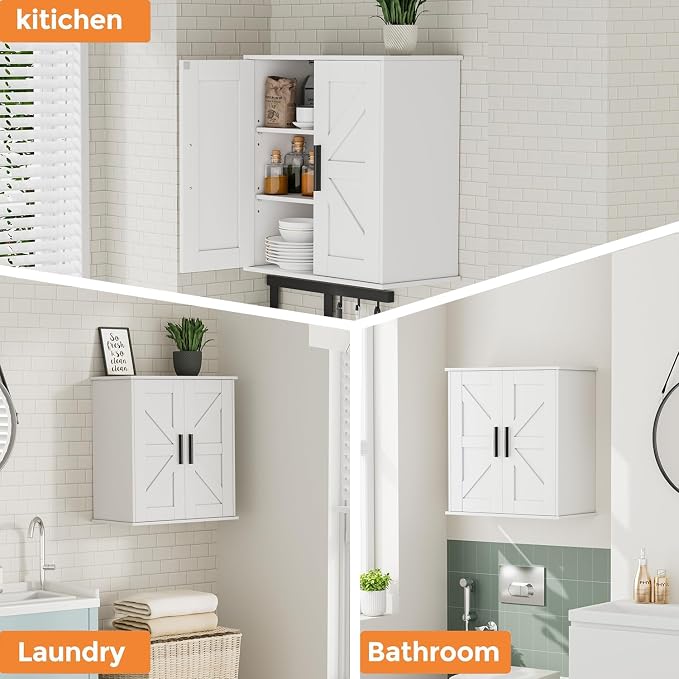 Homleke Bathroom Wall Cabinet, Medicine Cabinet with Adjustable Shelves | 3-Tier Wall Mounted Over Toilet Storage with Barn Doors, for Bathroom, Kitchen, Entryway, Laundry Room, White, (11.8" D) - Image 6