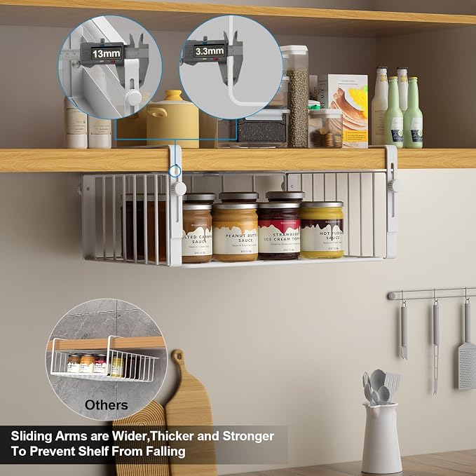 AmonHouseware 2Pack Under Shelf Storage Basket Organizer, White | Adjustable Hanging,Under Cabinet Add-on, Slide-in Baskets, for Laundry Room Kitchen Pantry Desk Bookshelf Counter Cupboard - Image 3