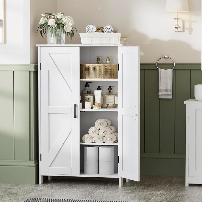 Homleke 43.3" H Farmhouse Bathroom Storage Cabinet with Adjustable Shelves | Freestanding Storage Cabinet with Barn Doors for Bathroom, Kitchen, Living Room, Dining Room & Entryway, White - Image 2
