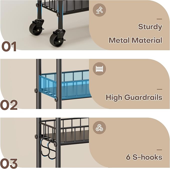 6 Tier Slim Storage Cart with Wheels, Metal Mobile Shelving Unit Organizer Utility Cart for Office Bathroom Kitchen Laundry Room Narrow Places (10inches) - Image 6