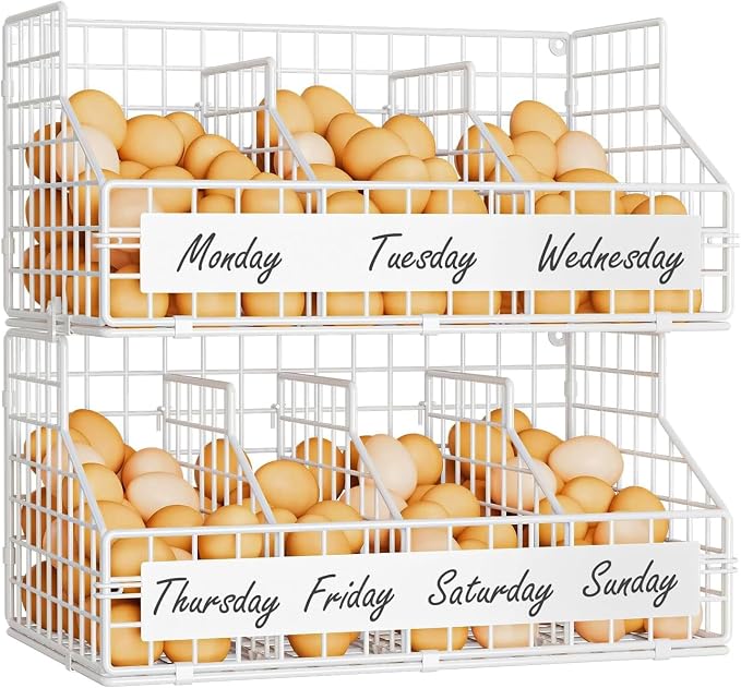 Egg Holder Countertop with 5 Dividers & DIY Labels to Separate Eggs, 2-Tier Stackable Wire Baskets, XXL Egg Basket for Gathering Fresh Eggs - Egg Organizer for Wall-Mounted(Patent Pending), White by keomaisyto